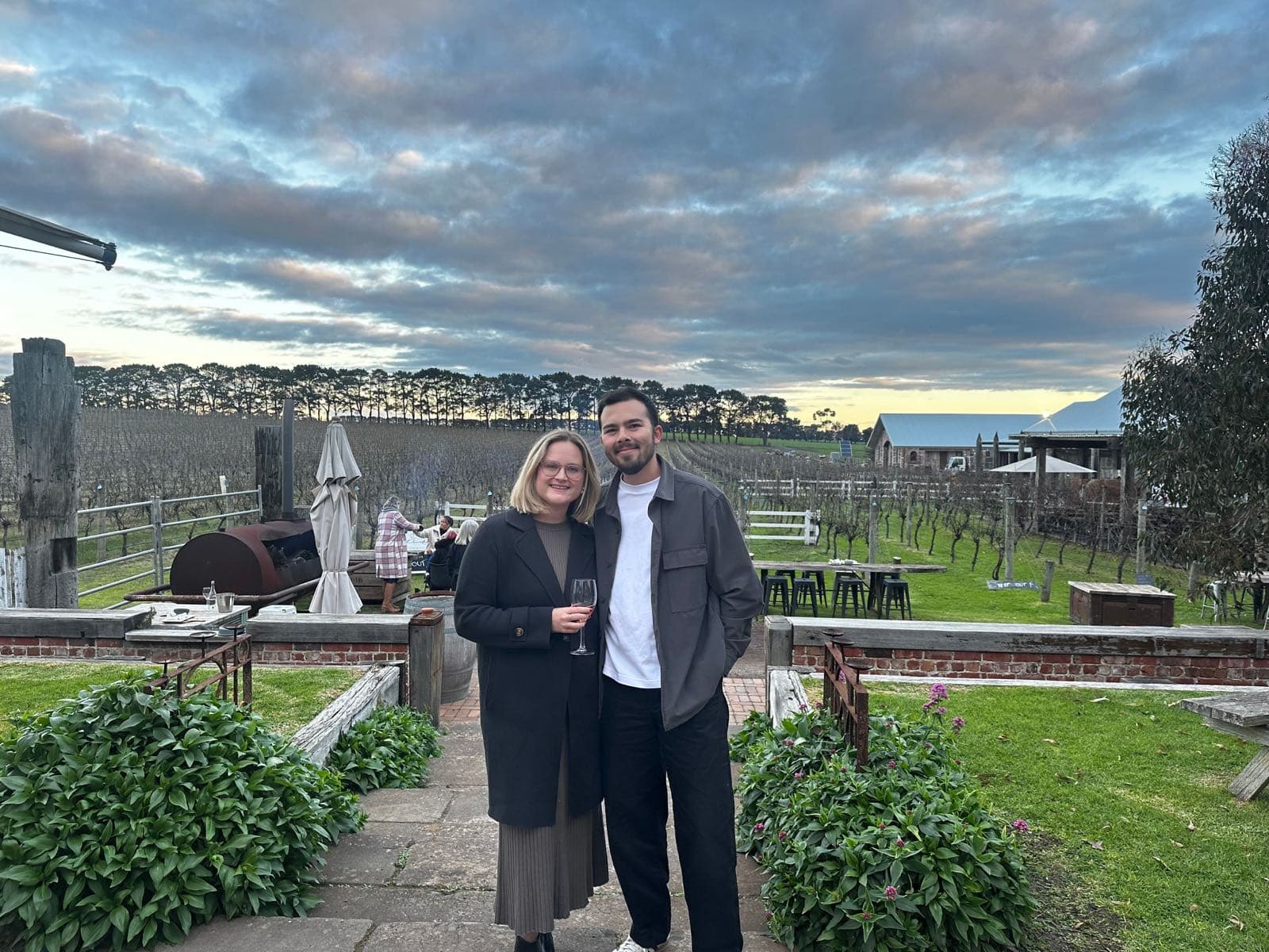 Jessie and Sean together at the vineyard after booking their wedding